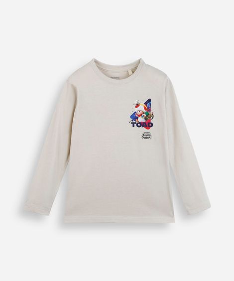 camiseta infantil de algodão manga longa mario bros bege