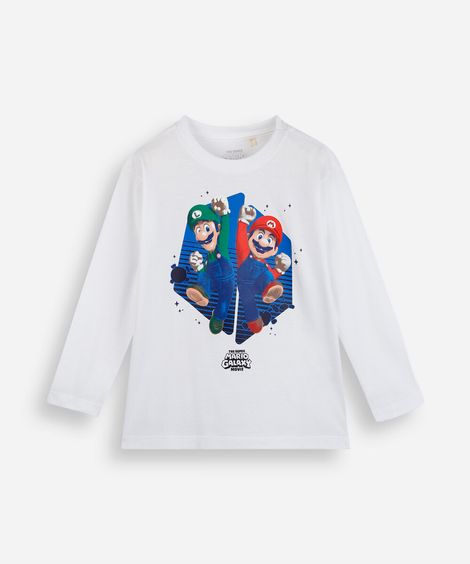 camiseta infantil de algodão manga longa mario bros off white