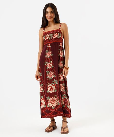 vestido longo alça fina feminino de viscose floral com fendas vinho