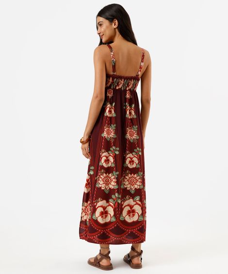 vestido longo alça fina feminino de viscose floral com fendas vinho