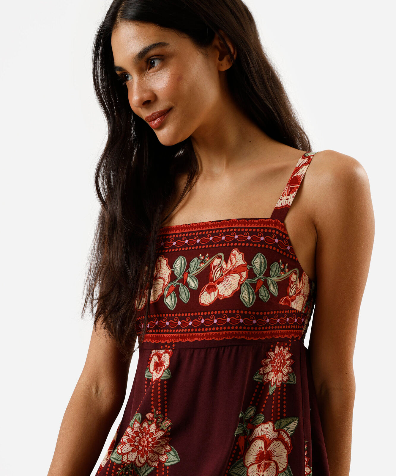 vestido longo alça fina feminino de viscose floral com fendas vinho