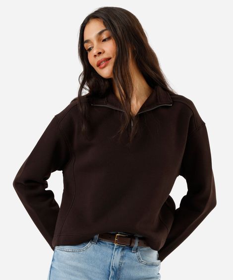 blusão feminino de moletom gola alta com zíper marrom