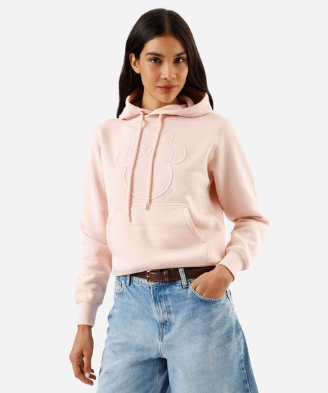 blusão feminino de moletom felpado com capuz minnie rosa