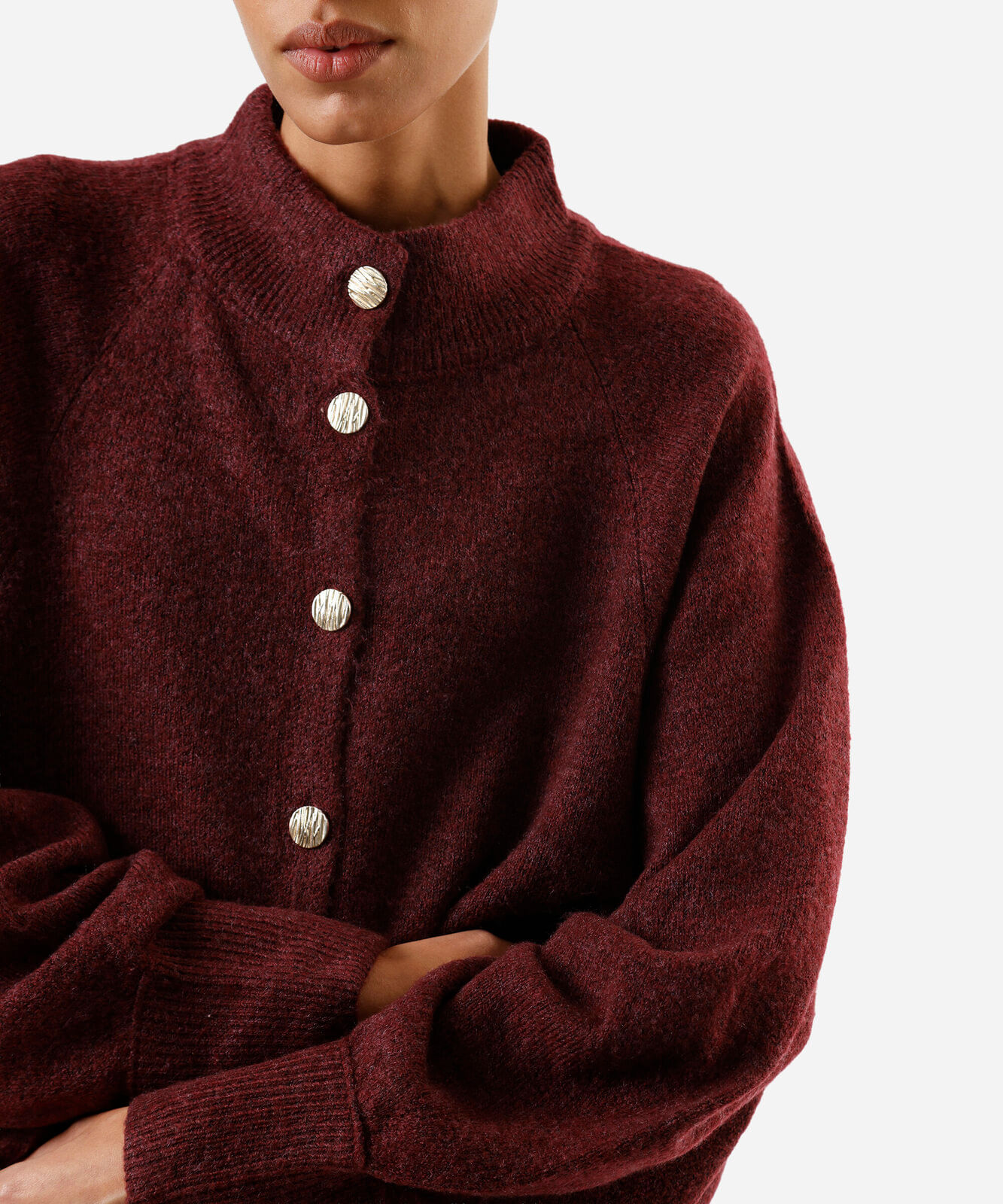 cardigan feminino de tricot gola alta  vinho