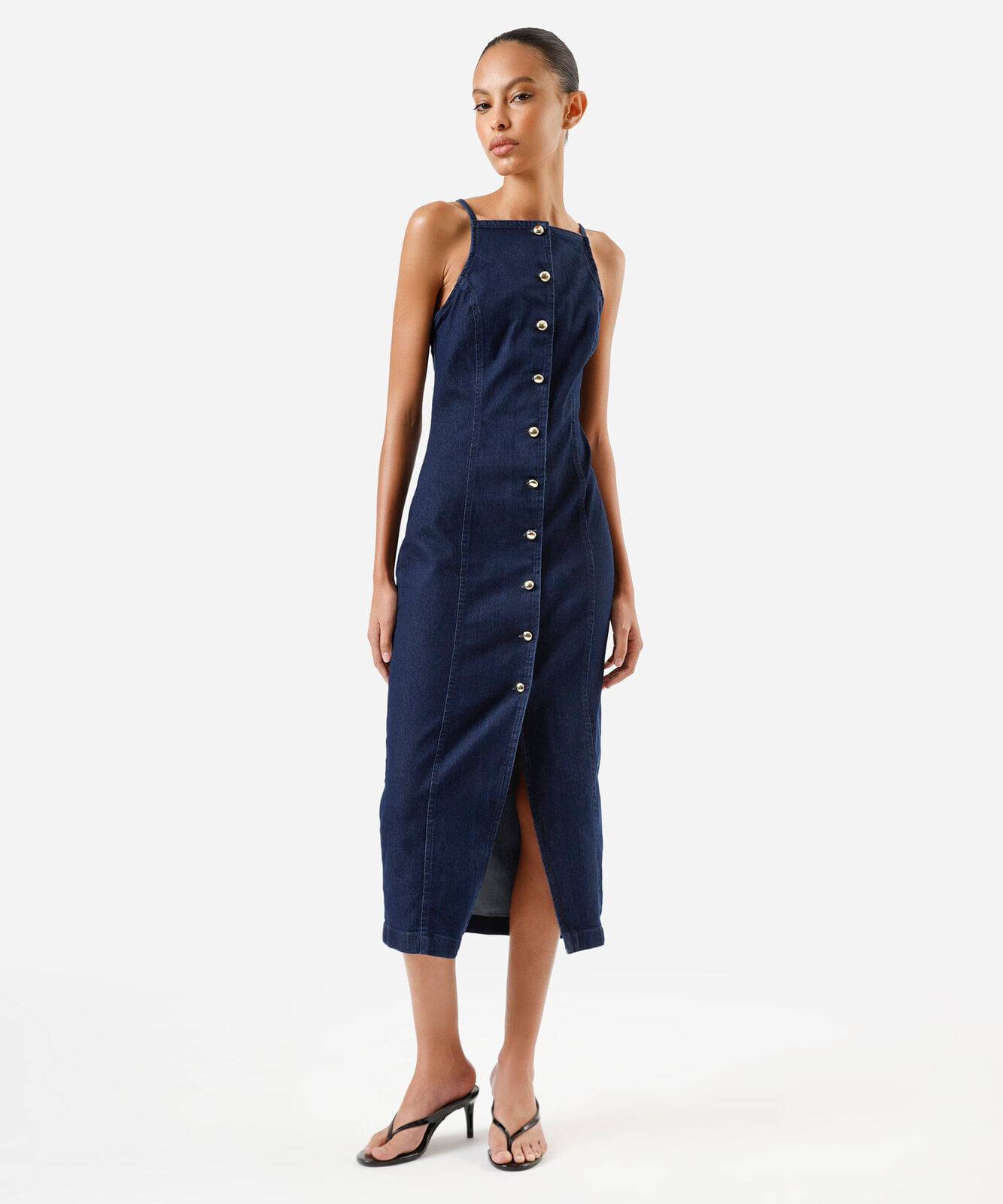 vestido midi alça fina feminino jeans azul