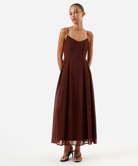 vestido midi alça fina feminino com pregas vinho