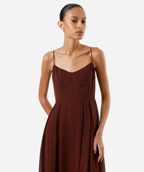 vestido midi alça fina feminino com pregas vinho