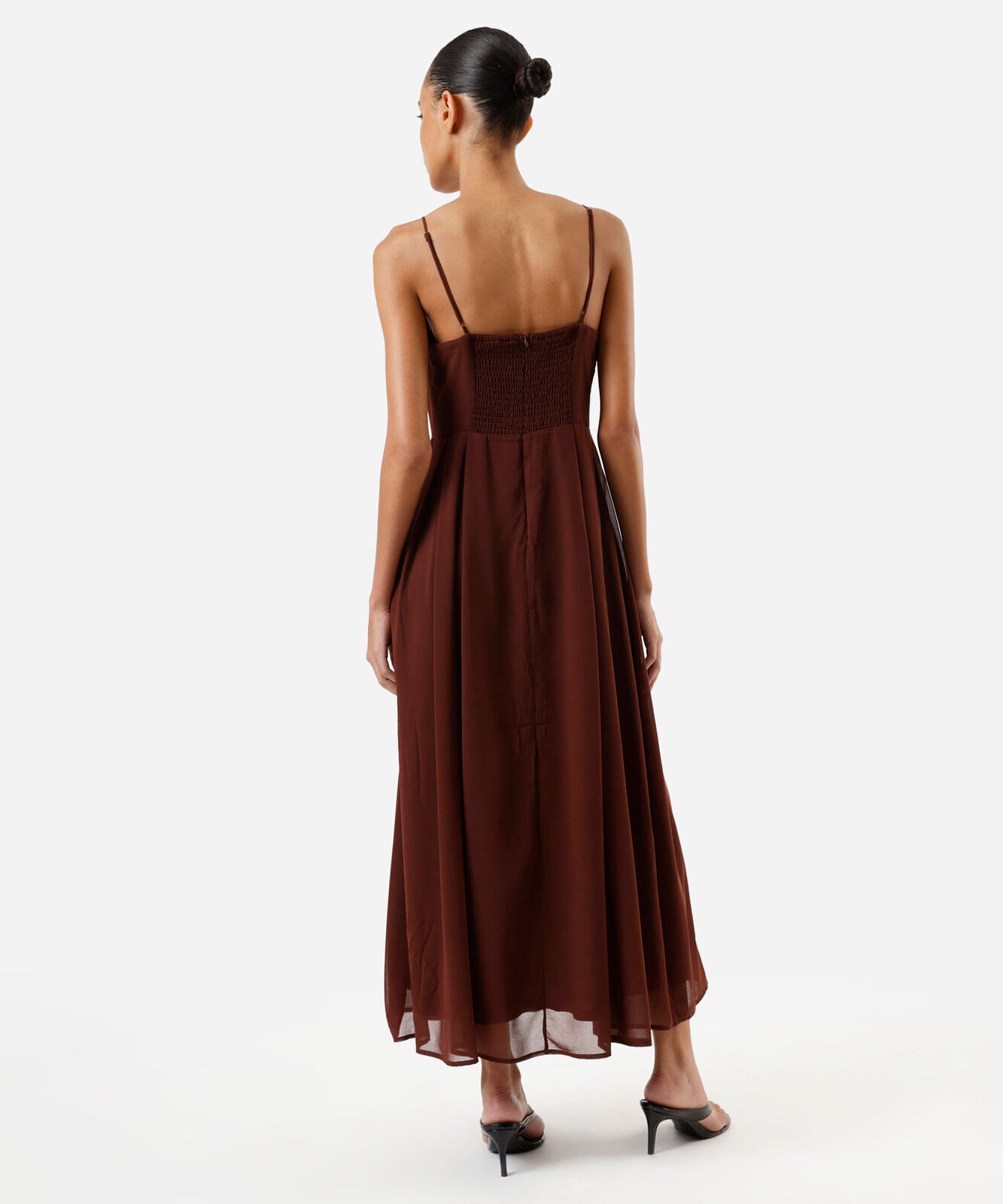 vestido midi alça fina feminino com pregas vinho
