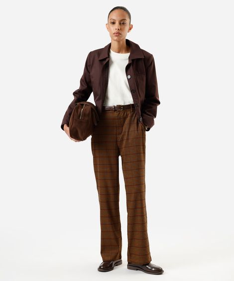 calça reta de alfaiataria feminina xadrez marrom