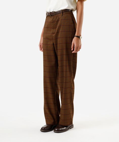 calça reta de alfaiataria feminina xadrez marrom