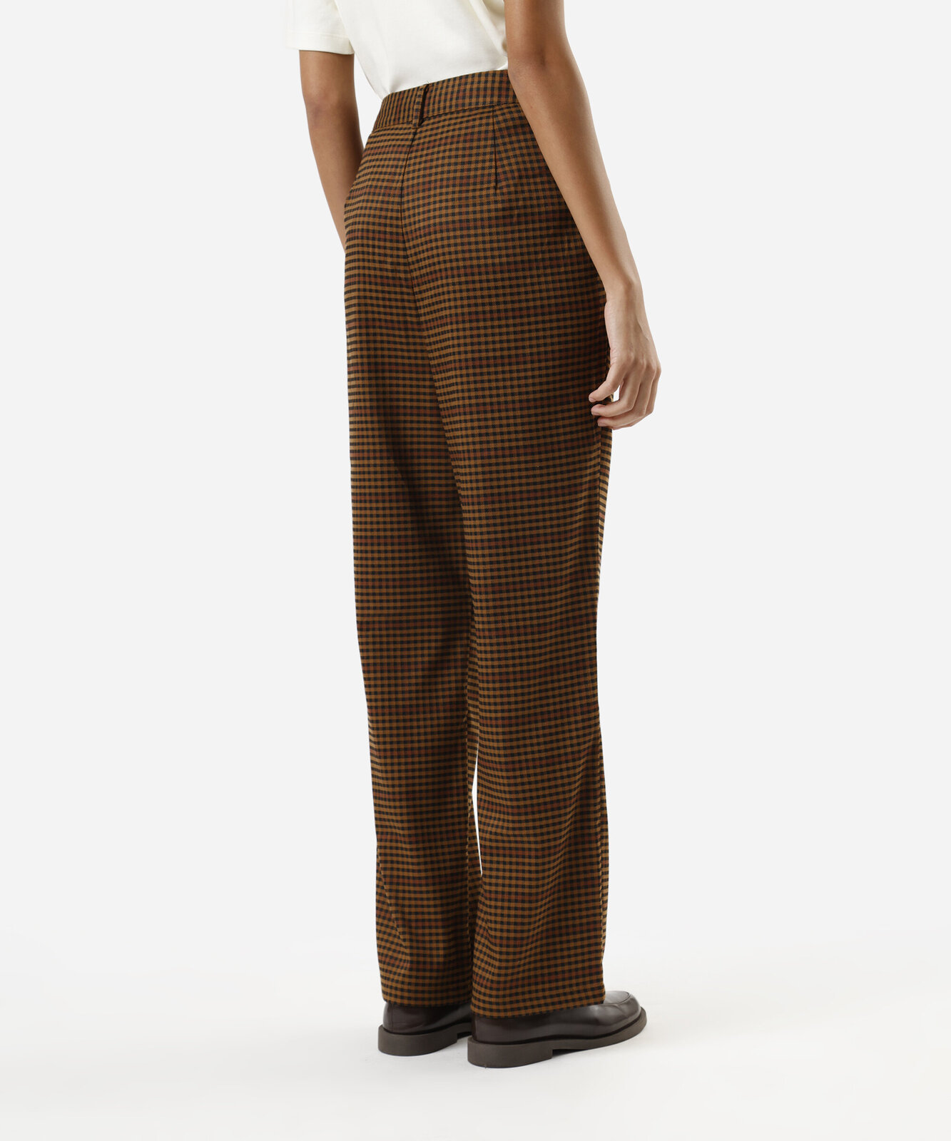 calça reta de alfaiataria feminina xadrez marrom