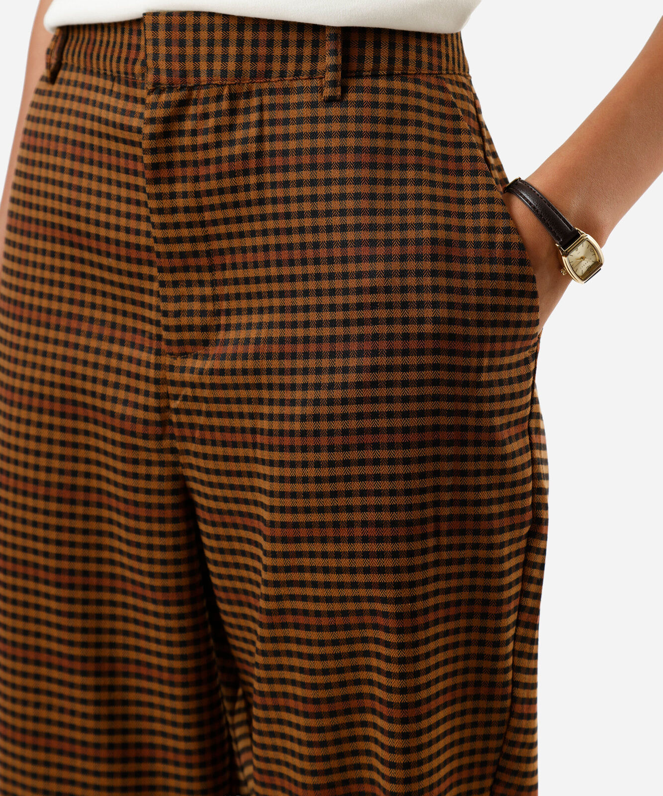 calça reta de alfaiataria feminina xadrez marrom