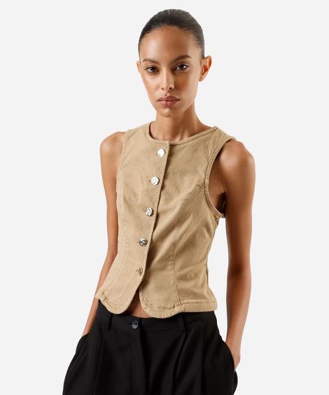 colete feminino de sarja decote redondo bege