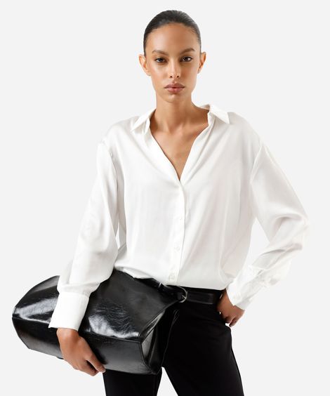 camisa feminina manga longa acetinada off white