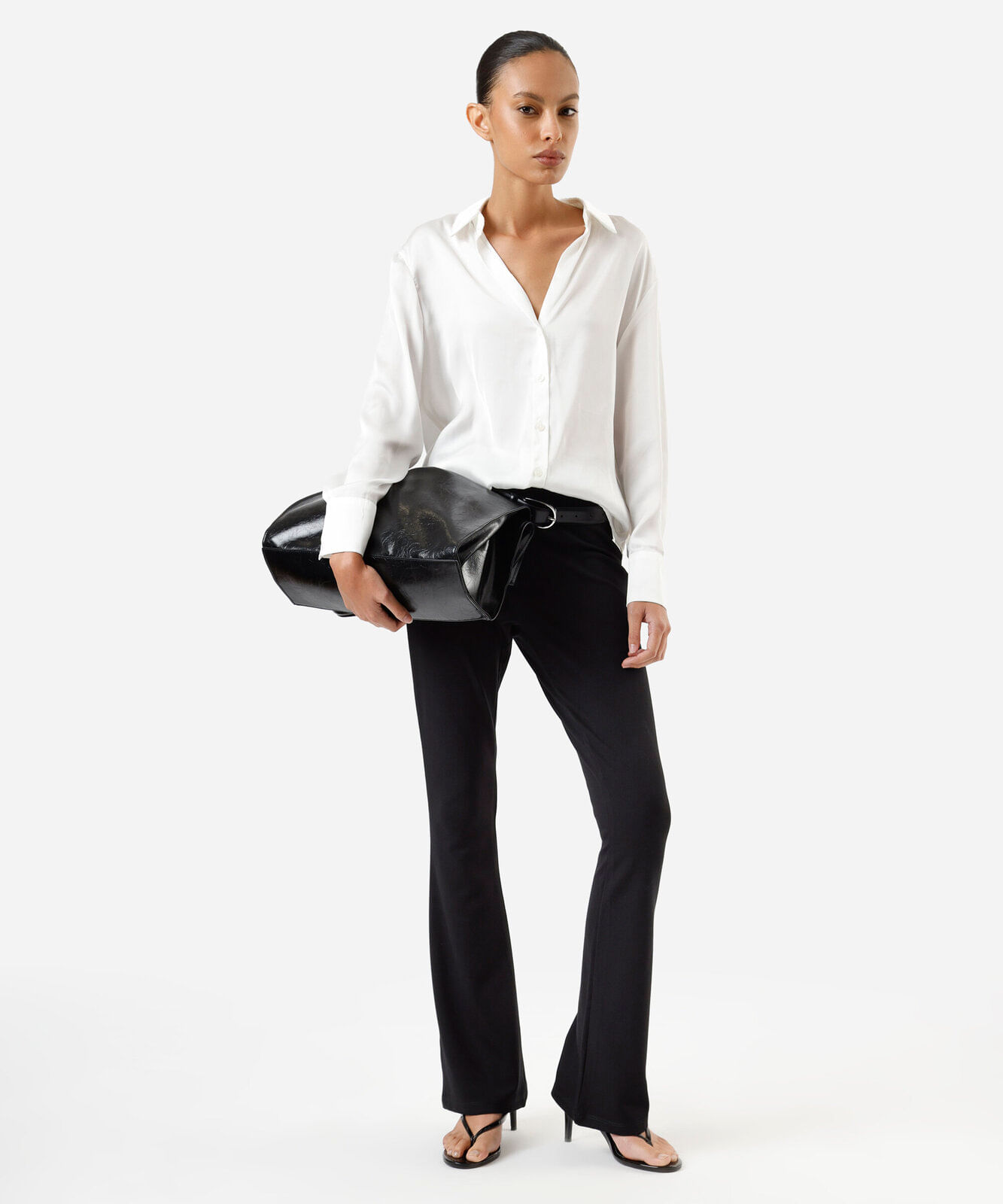 camisa feminina manga longa acetinada off white