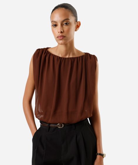 blusa balonê feminina decote cano franzida marrom