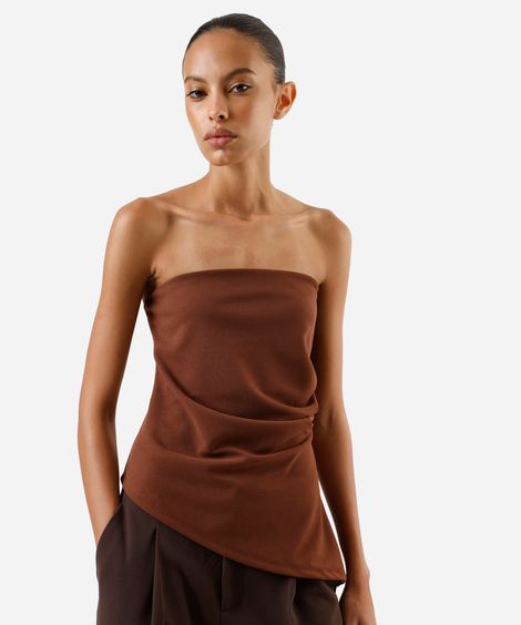 blusa sem alça feminina franzida assimétrica marrom