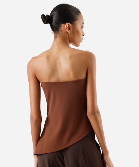 blusa sem alça feminina franzida assimétrica marrom