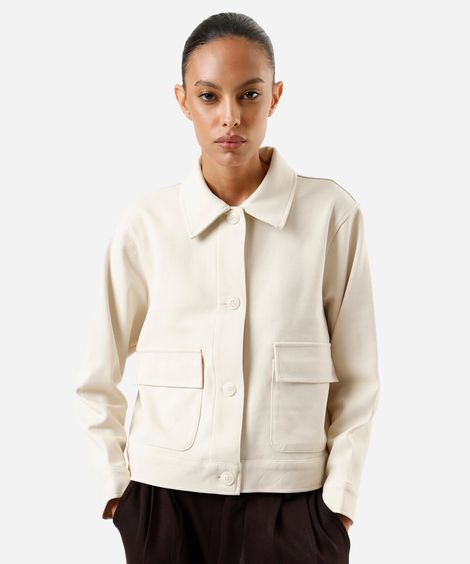 jaqueta básica feminina com bolsos texturizada bege