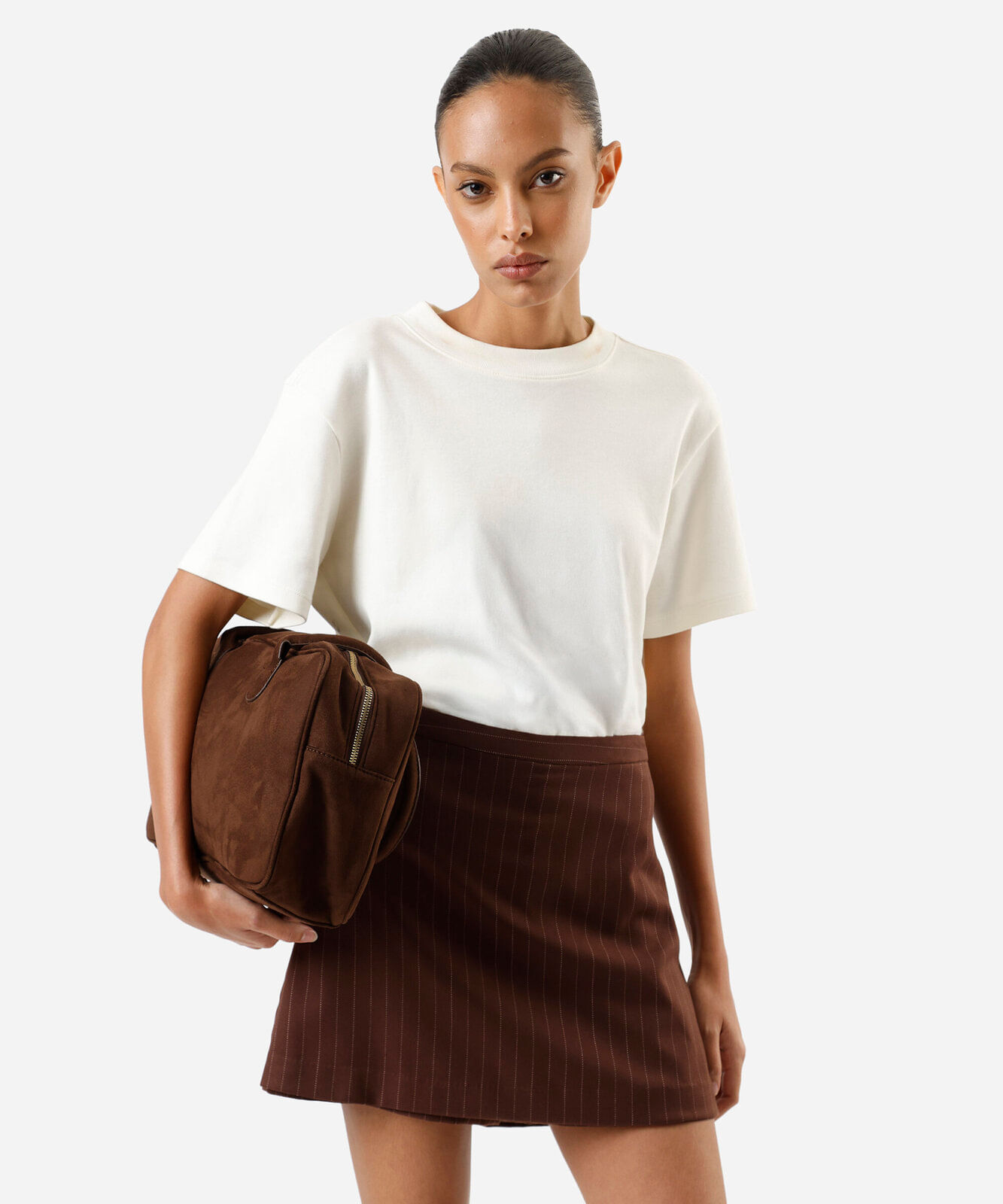 short saia de alfaiataria feminino listrado marrom