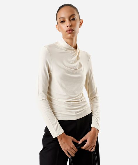 blusa feminina de viscose manga longa gola alta bege