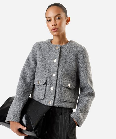 jaqueta feminina com bolsos texturizada cinza