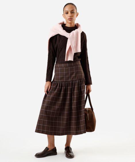 saia midi feminina com recorte e franzidos xadrez marrom