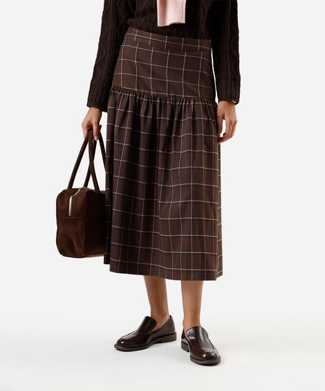 saia midi feminina com recorte e franzidos xadrez marrom