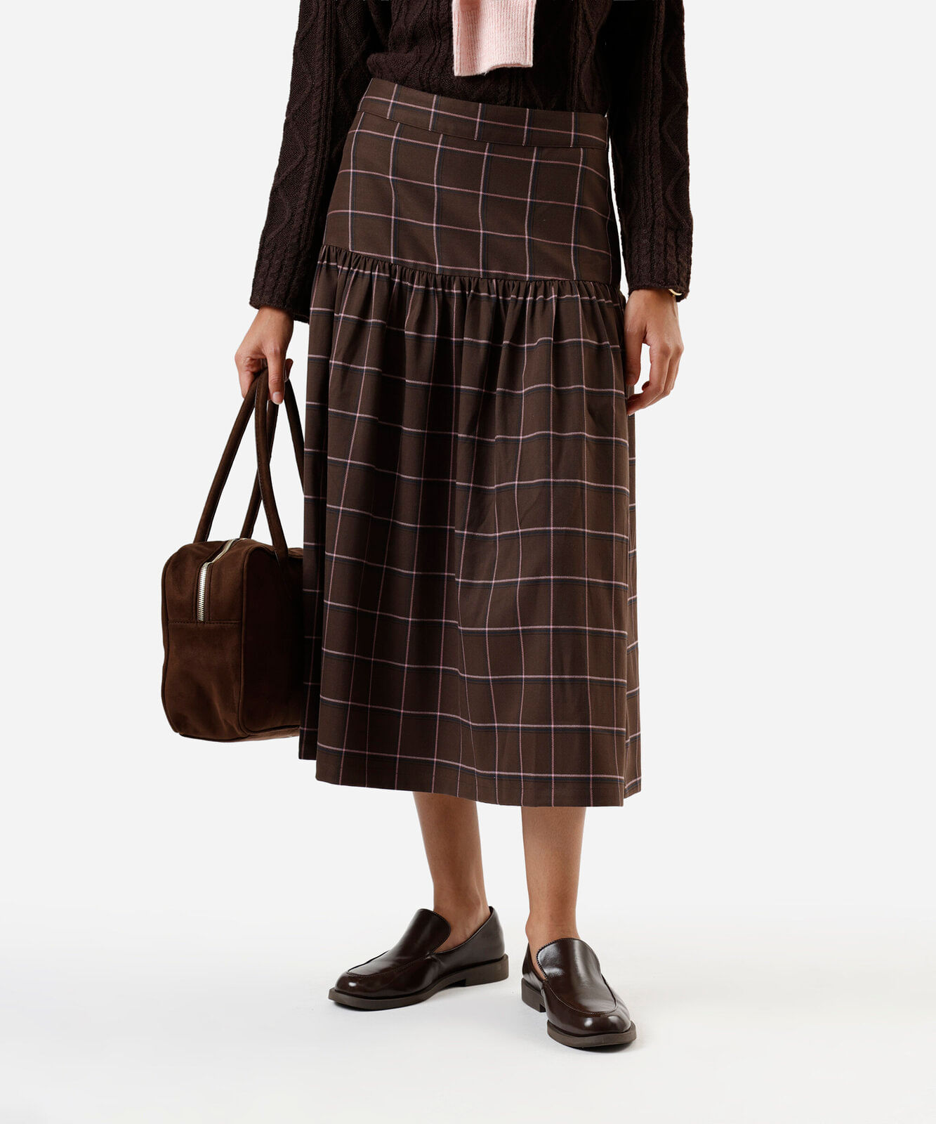 saia midi feminina com recorte e franzidos xadrez marrom