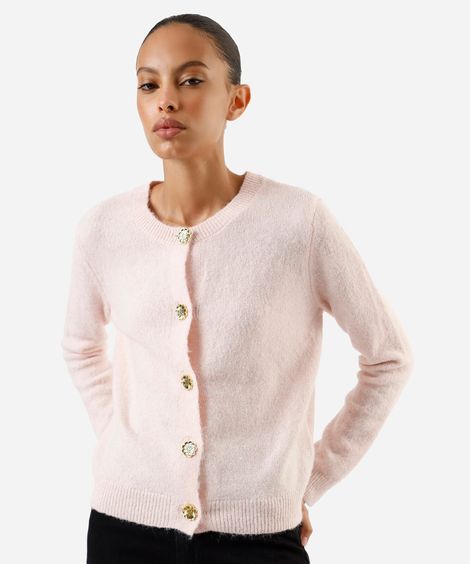 cardigan feminino de tricot decote redondo texturizado rosa