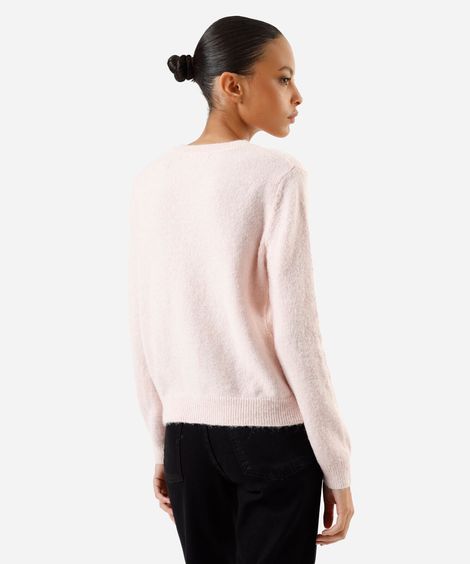 cardigan feminino de tricot decote redondo texturizado rosa