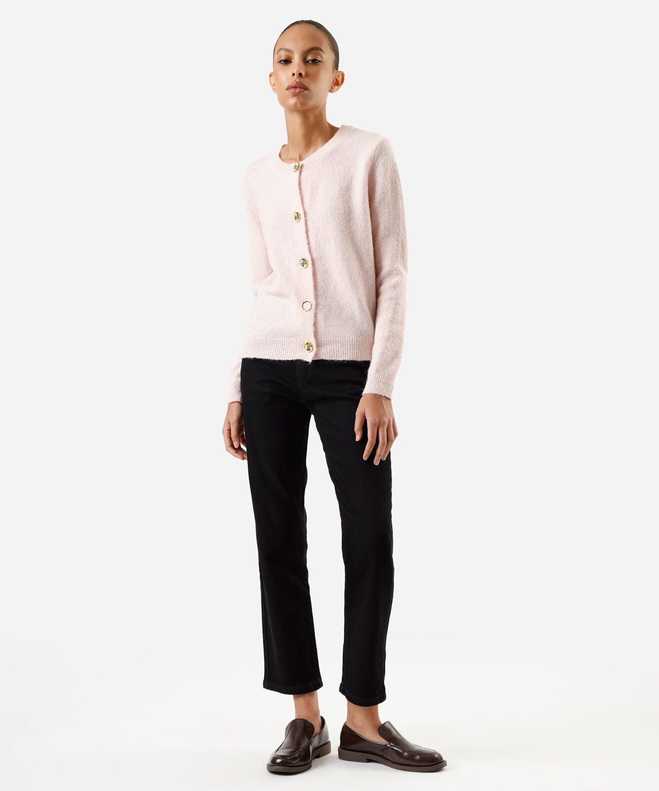 cardigan feminino de tricot decote redondo texturizado rosa