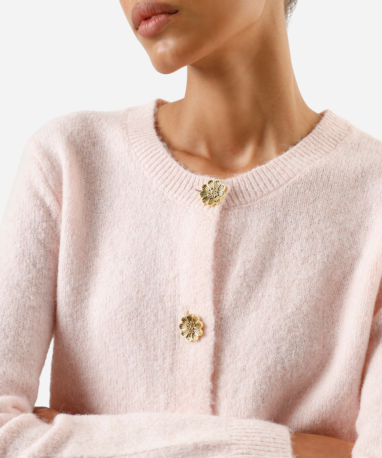 cardigan feminino de tricot decote redondo texturizado rosa