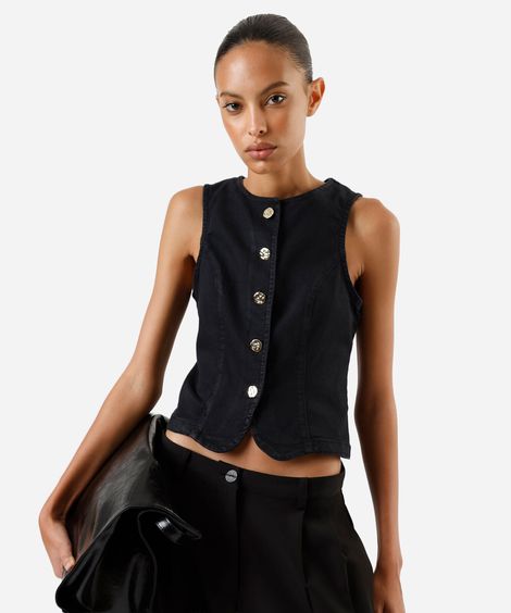 colete feminino jeans decote redondo preto