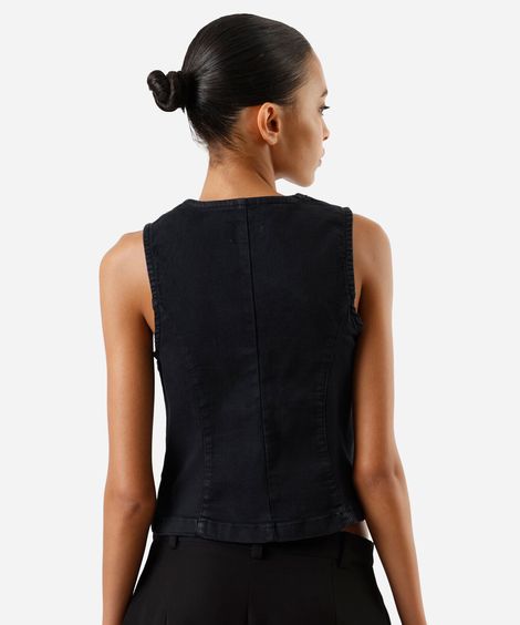 colete feminino jeans decote redondo preto