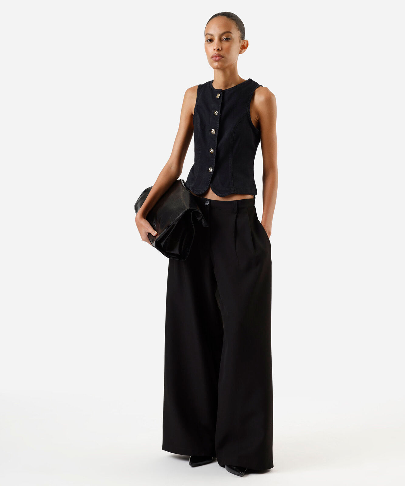 colete feminino jeans decote redondo preto