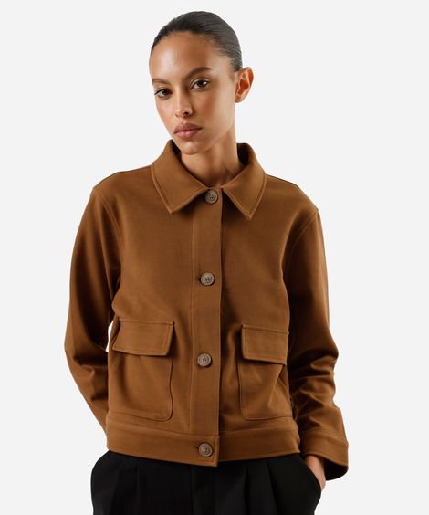 jaqueta básica feminina com bolsos texturizada bege