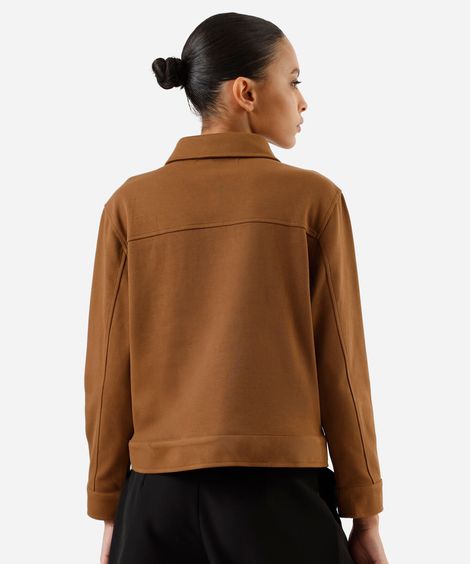 jaqueta básica feminina com bolsos texturizada bege