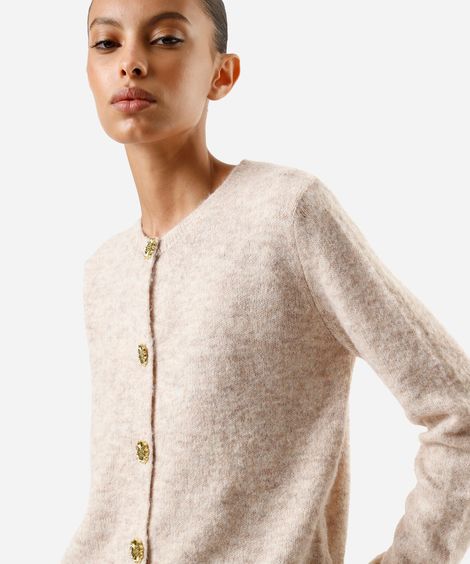 cardigan feminino de tricot decote redondo texturizado bege