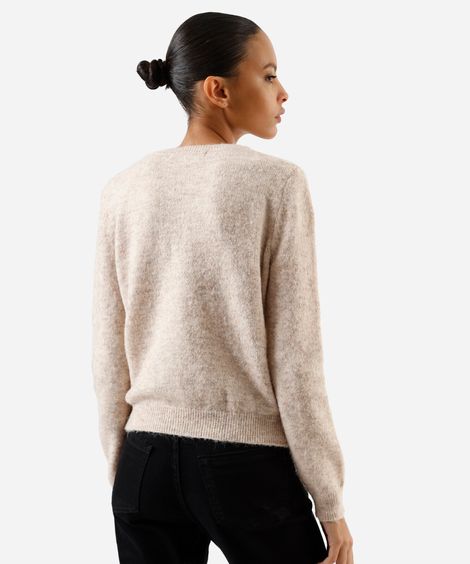 cardigan feminino de tricot decote redondo texturizado bege