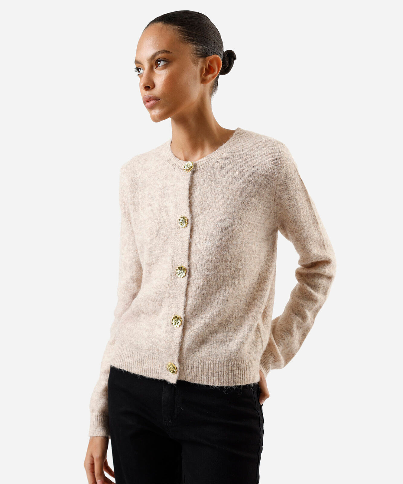 cardigan feminino de tricot decote redondo texturizado bege