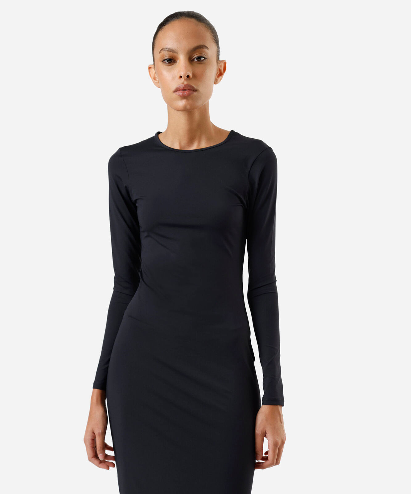 vestido midi feminino de poliamida manga longa preto