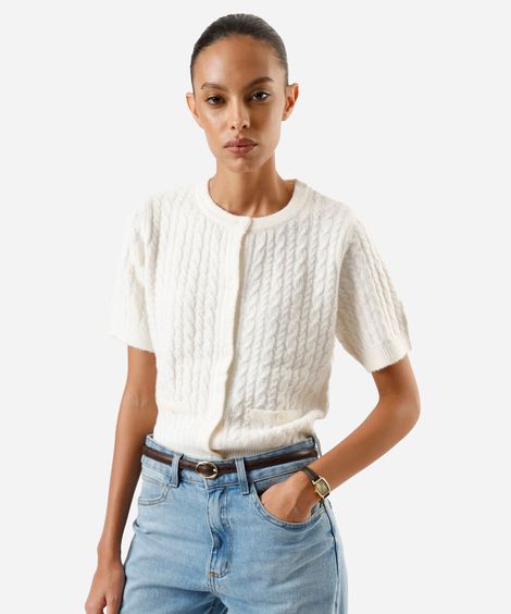 blusa feminina de tricot manga curta texturizada off white