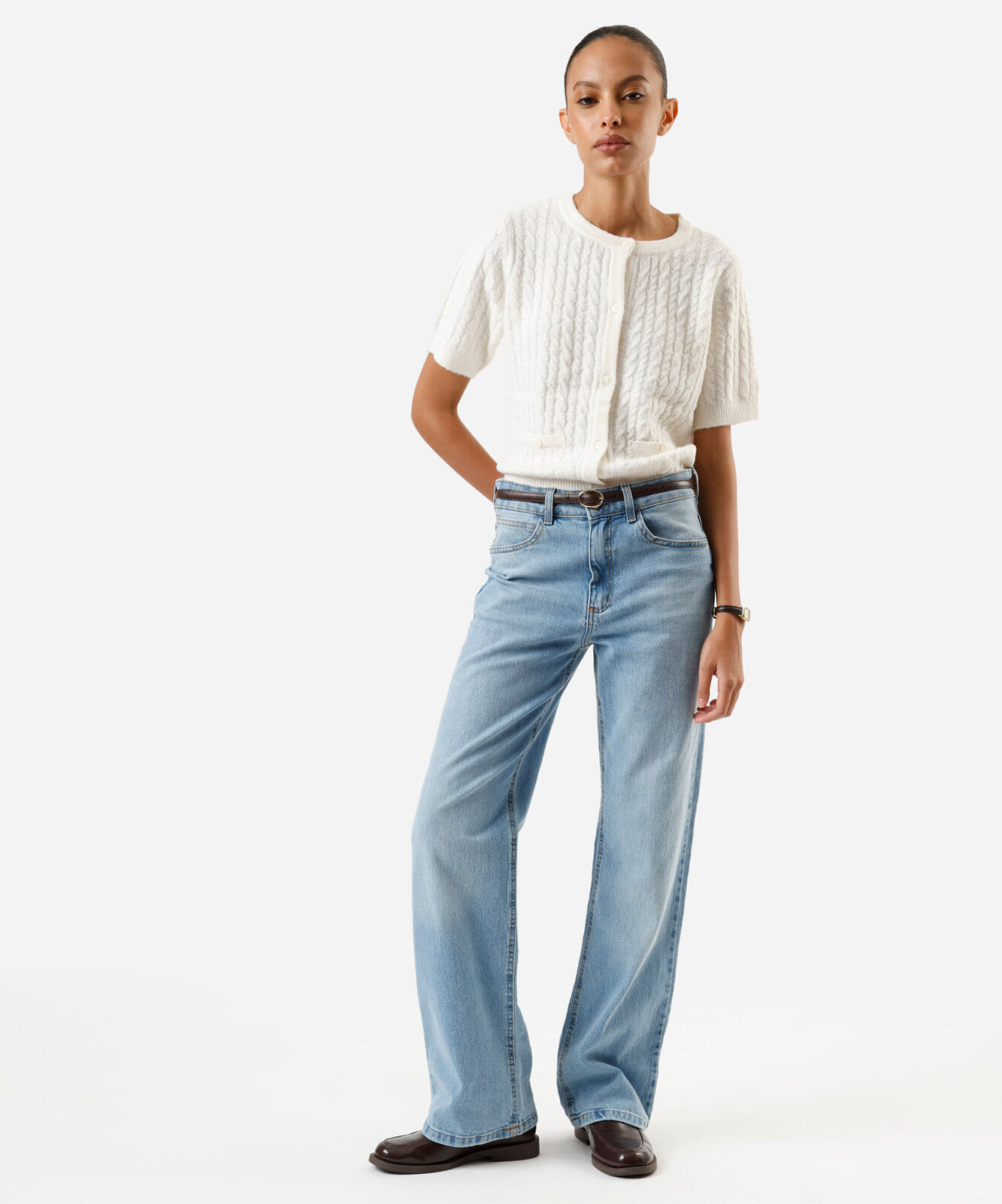 blusa feminina de tricot manga curta texturizada off white