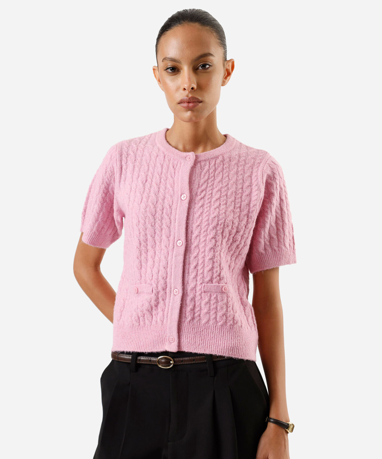 blusa feminina de tricot manga curta texturizada rosa