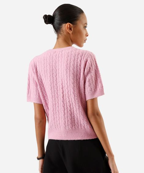 blusa feminina de tricot manga curta texturizada rosa