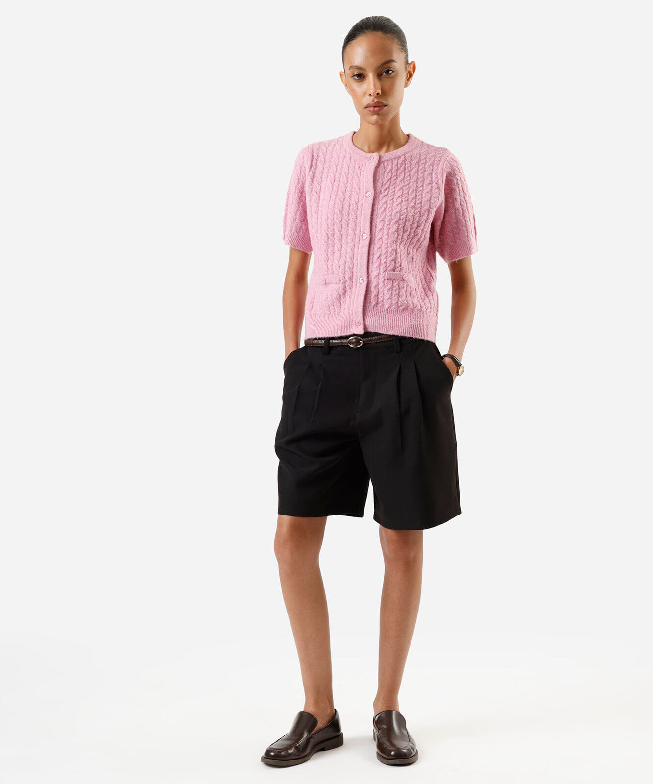 blusa feminina de tricot manga curta texturizada rosa