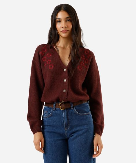 cardigan feminino de tricot com bordado floral vinho
