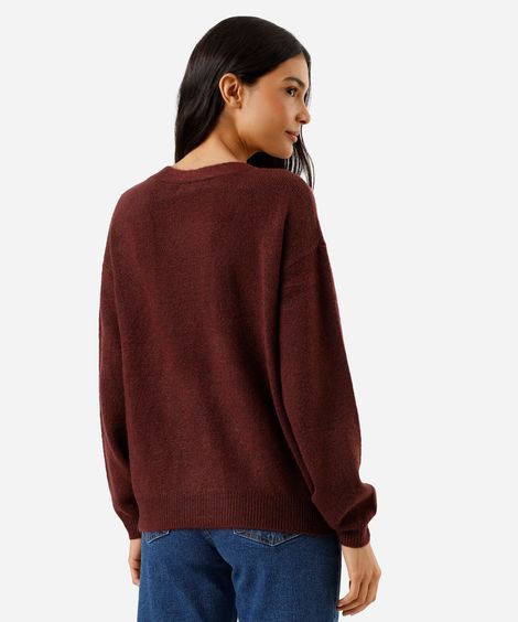 cardigan feminino de tricot com bordado floral vinho