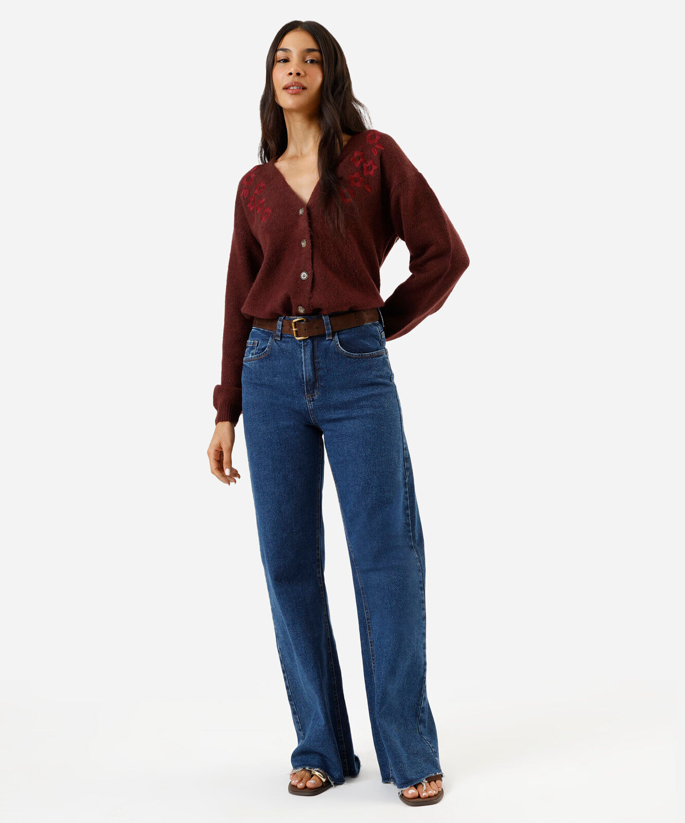 cardigan feminino de tricot com bordado floral vinho